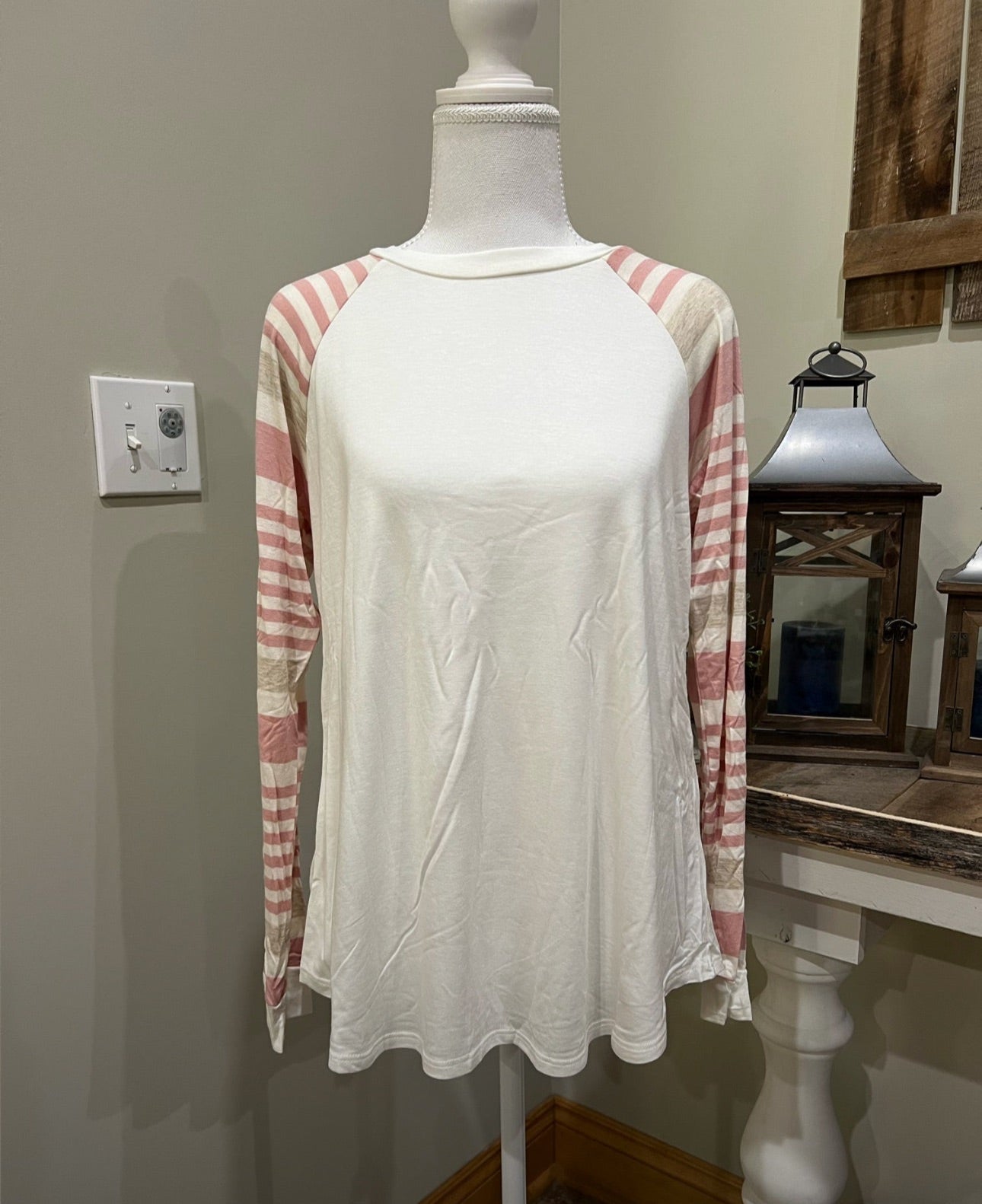 Long sleeve raglan shirt top in cream, pink, and oatmeal from E.Luna, by ModestAndDevoted, featuring a casual, comfortable style.