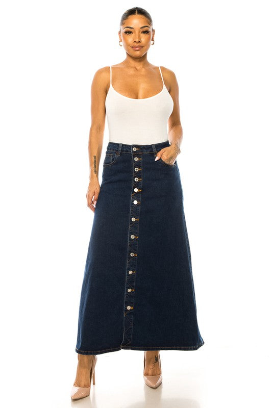 ModestAndDevoted BeGirl denim button-front maxi skirt in dark wash, flowing design and classic style, displayed on a model.