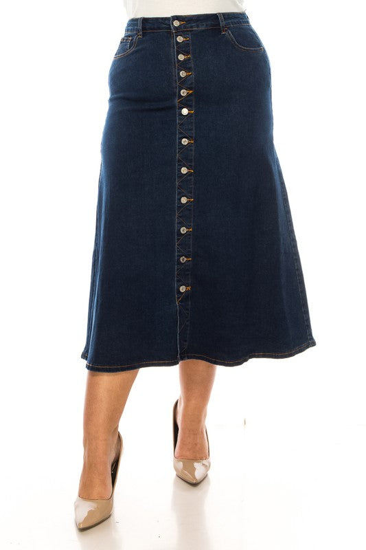 BeGirl denim button front maxi skirt in dark wash, ModestAndDevoted, shown with its flowing design and classic denim style.