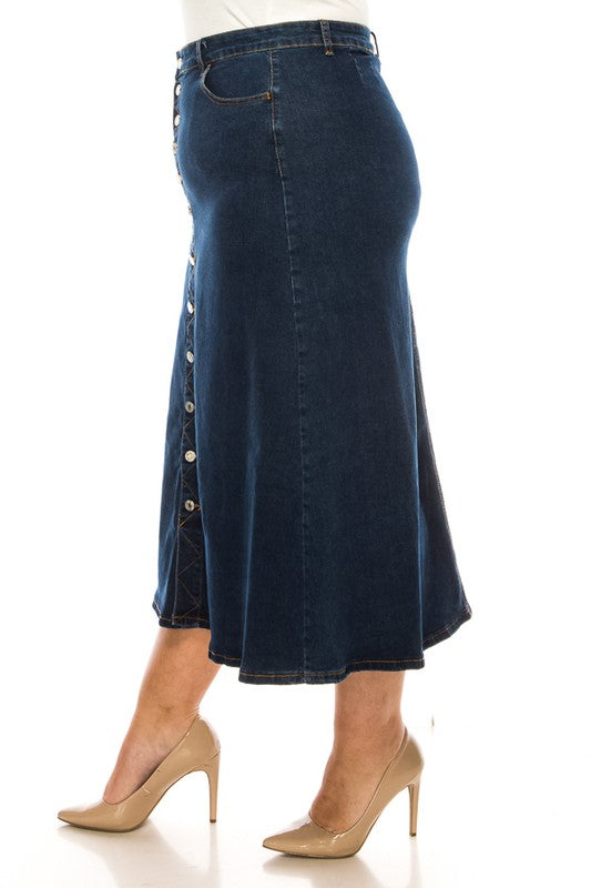 BeGirl denim button-front maxi skirt in dark wash, ModestAndDevoted, styled with a high waist and flowing silhouette.