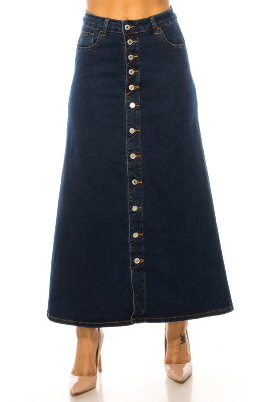 BeGirl denim button front maxi skirt in dark wash by ModestAndDevoted, featuring a flowing silhouette and classic button details.