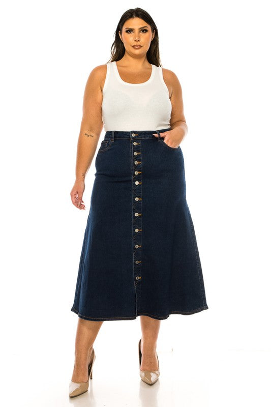 BeGirl denim button-front maxi skirt in dark wash, stylish ModestAndDevoted skirt with a flowing silhouette and classic design.