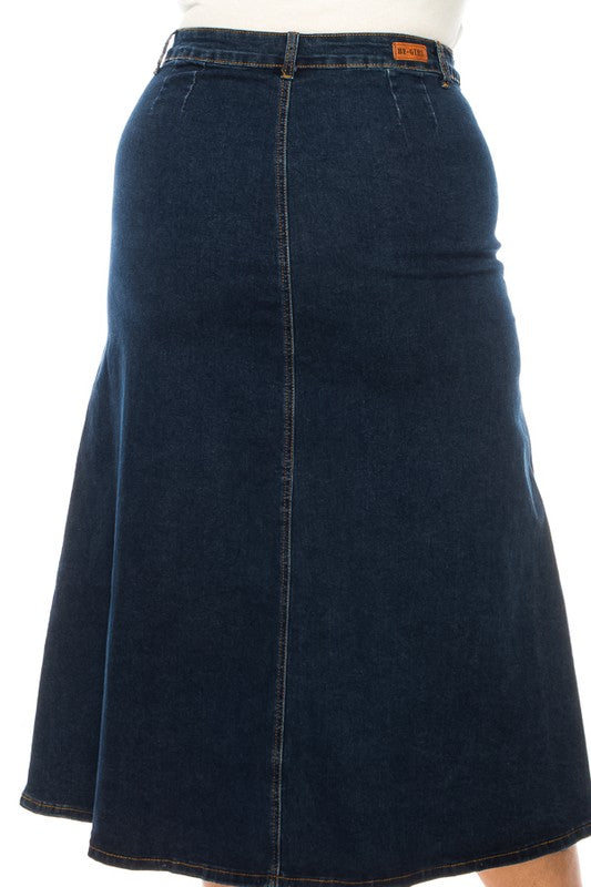 BeGirl denim maxi skirt in dark wash with button front, stylish and modest skirt by ModestAndDevoted, full length and flowing.