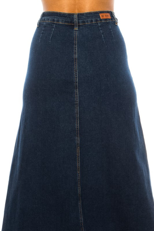 BeGirl denim maxi skirt in dark wash with button front, stylish ModestAndDevoted skirt for a modest, fashionable look.
