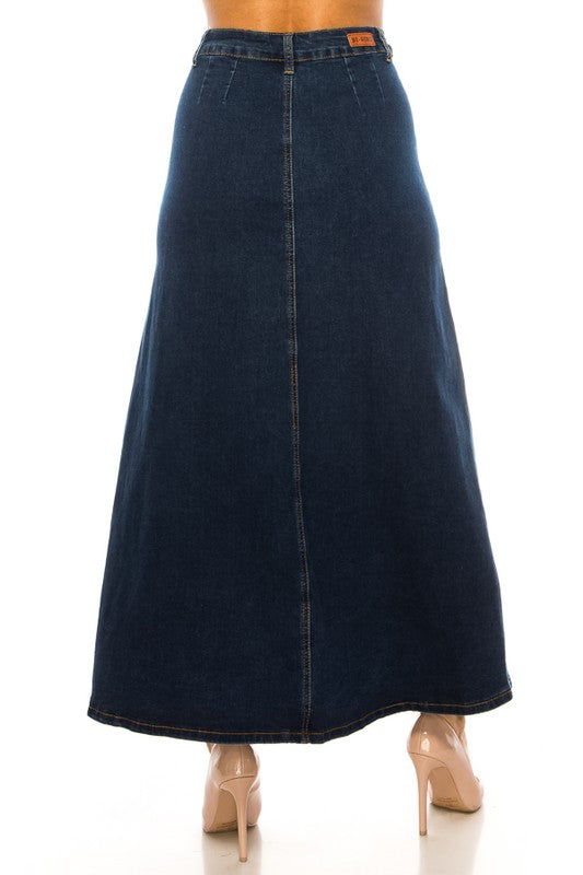 BeGirl denim maxi skirt in dark wash with button front, from ModestAndDevoted, featuring a flowing, full-length design.