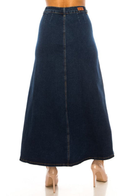 BeGirl denim button-front maxi skirt in dark wash, ModestAndDevoted, featuring a flowing length and classic denim style.