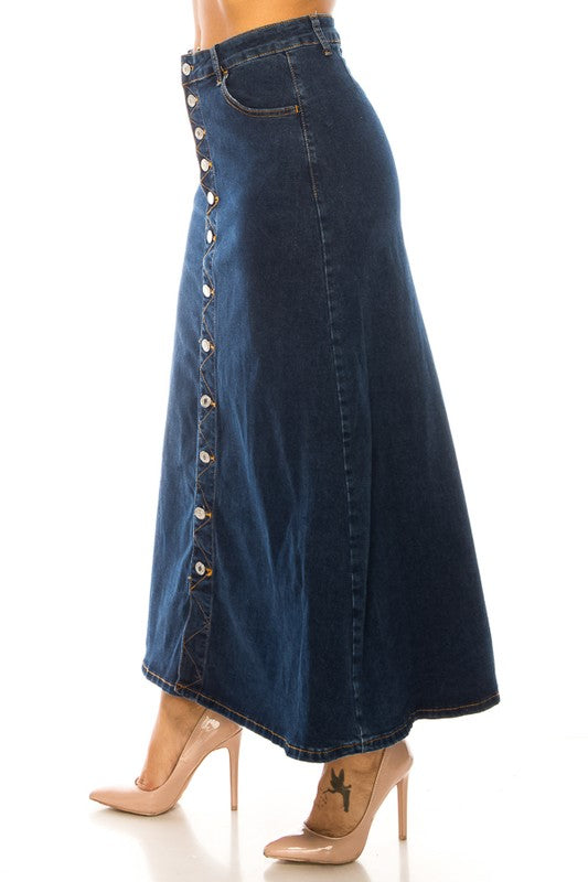 ModestAndDevoted BeGirl denim button-front maxi skirt in dark wash, showing the full length and classic style.