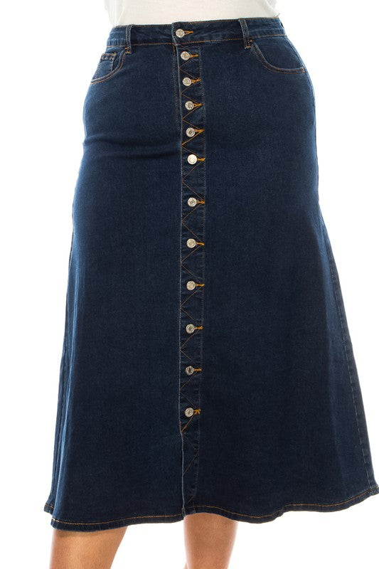 BeGirl denim button-front maxi skirt in dark wash, ModestAndDevoted, featuring a flowy silhouette and classic style.