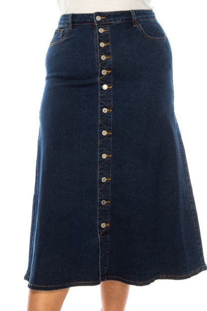 ModestAndDevoted BeGirl denim maxi skirt in dark wash with button front, flowing length, and classic denim style.