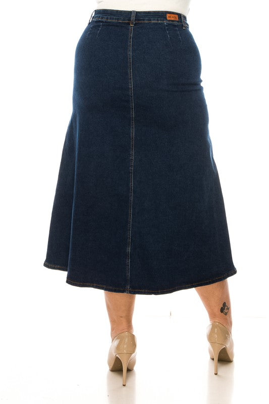 ModestAndDevoted BeGirl denim button-front maxi skirt in dark wash, featuring a flowing silhouette and classic design.