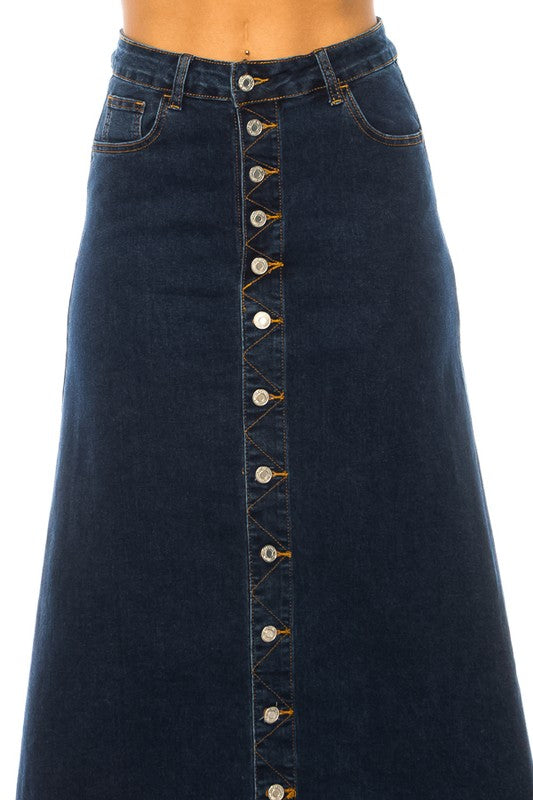 ModestAndDevoted BeGirl denim maxi skirt with button front in dark wash, flowing and stylish women's skirt.