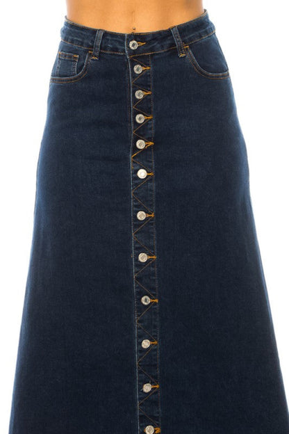 BeGirl denim button-front maxi skirt in dark wash, ModestAndDevoted, featuring a long, flowing design with a front button closure.