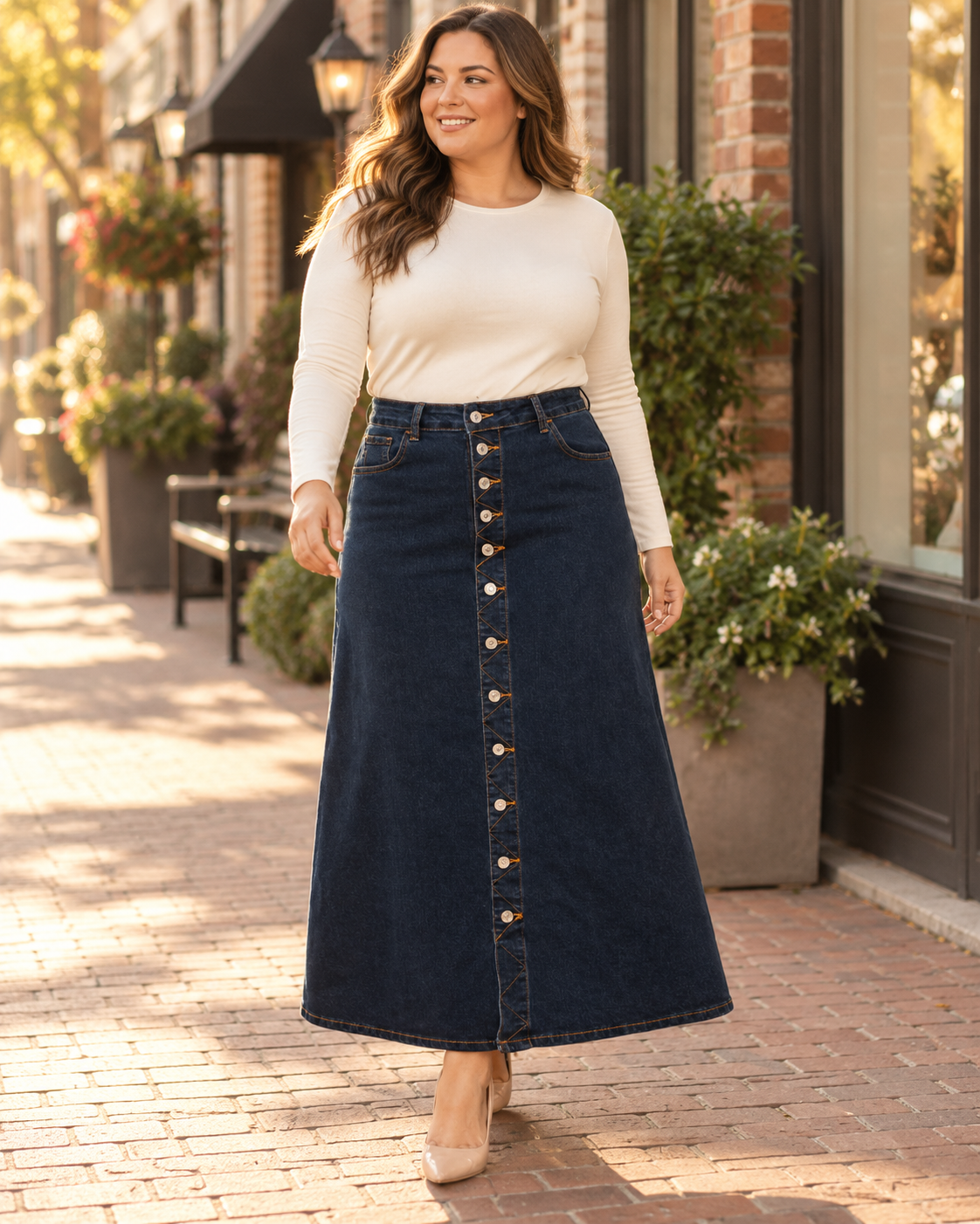Dark wash BeGirl Plus denim maxi skirt with button front by ModestAndDevoted, flowing design and full length style.