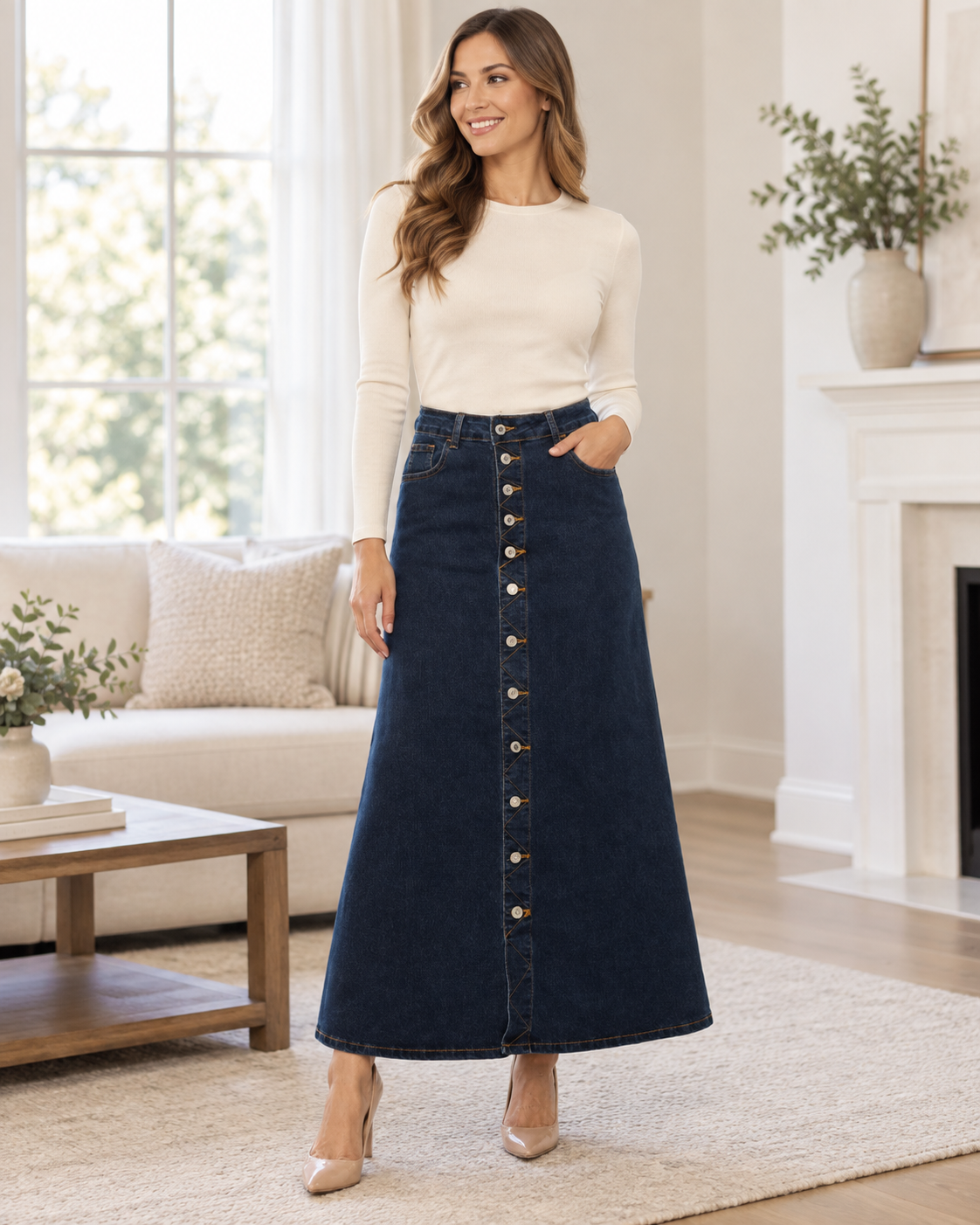 Dark wash BeGirl Plus denim maxi skirt with button front from ModestAndDevoted, featuring a flowing, full-length skirt design.