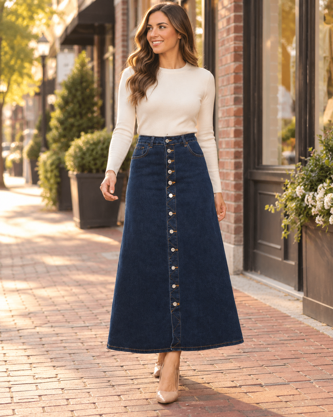Dark wash BeGirl Plus denim maxi skirt by ModestAndDevoted, button-front design, flowing length, and classic denim style.