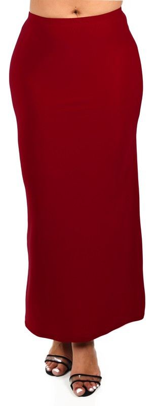 Black ITY knit straight pencil skirt by ModestAndDevoted, 38-inch maxi length, close-up of the sleek, fitted skirt fabric.