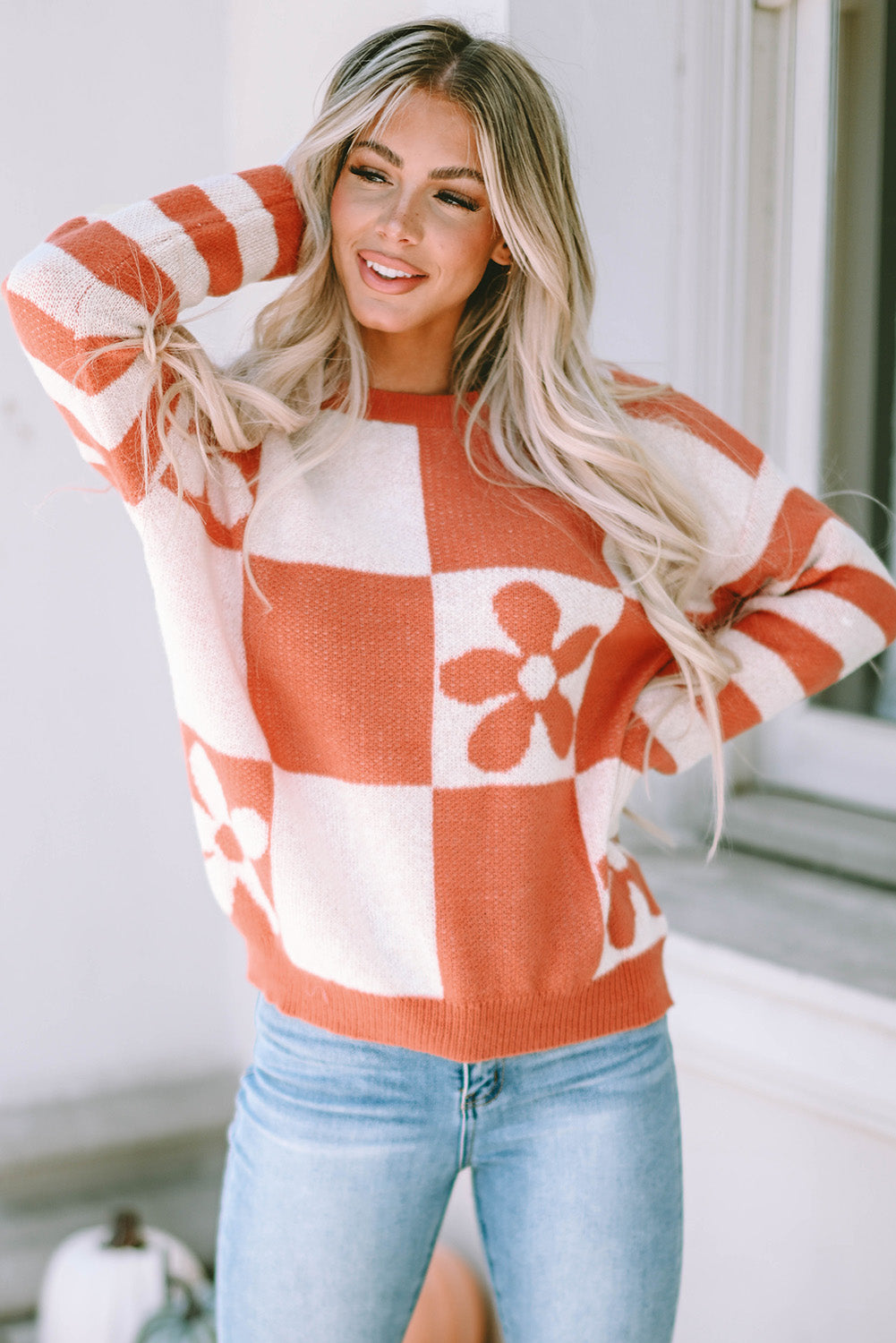 Brown checkered floral print sweater with striped sleeves from ModestAndDevoted, made of polyester, featuring a cozy, stylish design.
