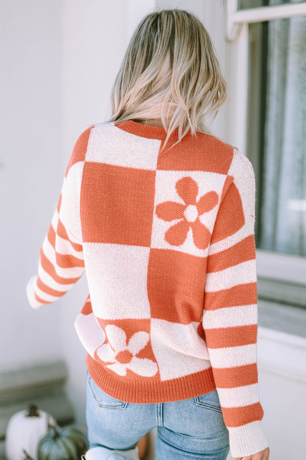 Brown checkered floral print striped sleeve sweater from ModestAndDevoted, featuring a cozy design and stylish pattern.