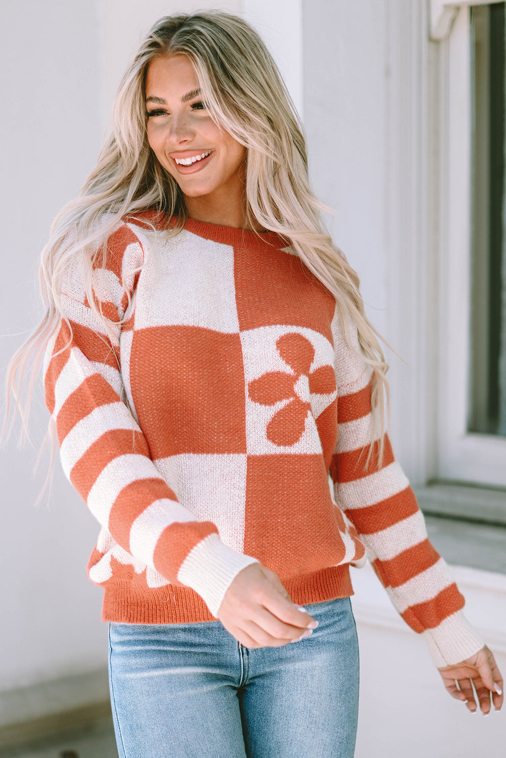 Brown checkered floral print sweater with striped sleeves from ModestAndDevoted, featuring a cozy polyester knit design.
