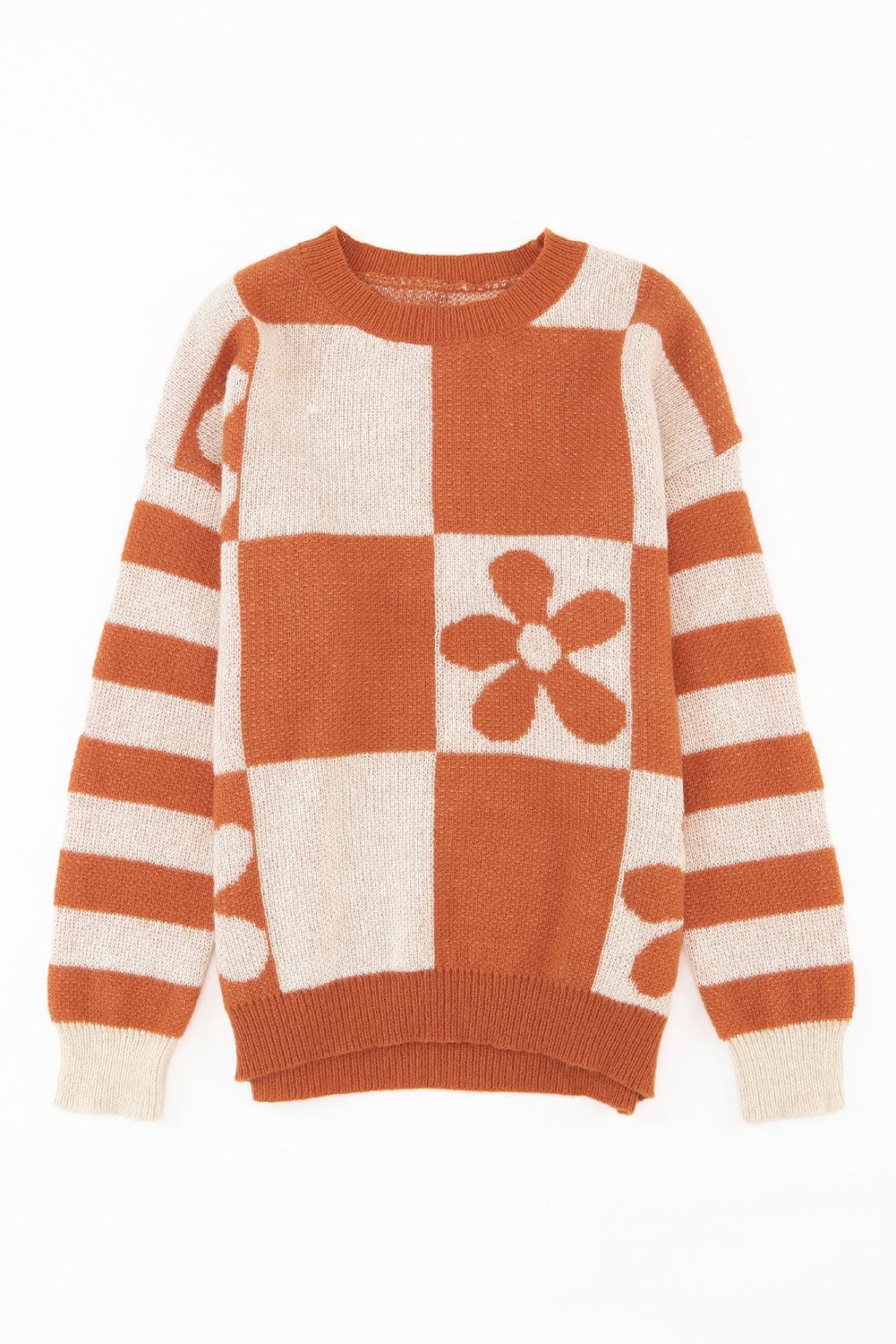 Brown checkered floral print sweater with striped sleeves from ModestAndDevoted, featuring a cozy, stylish design and polyester fabric.
