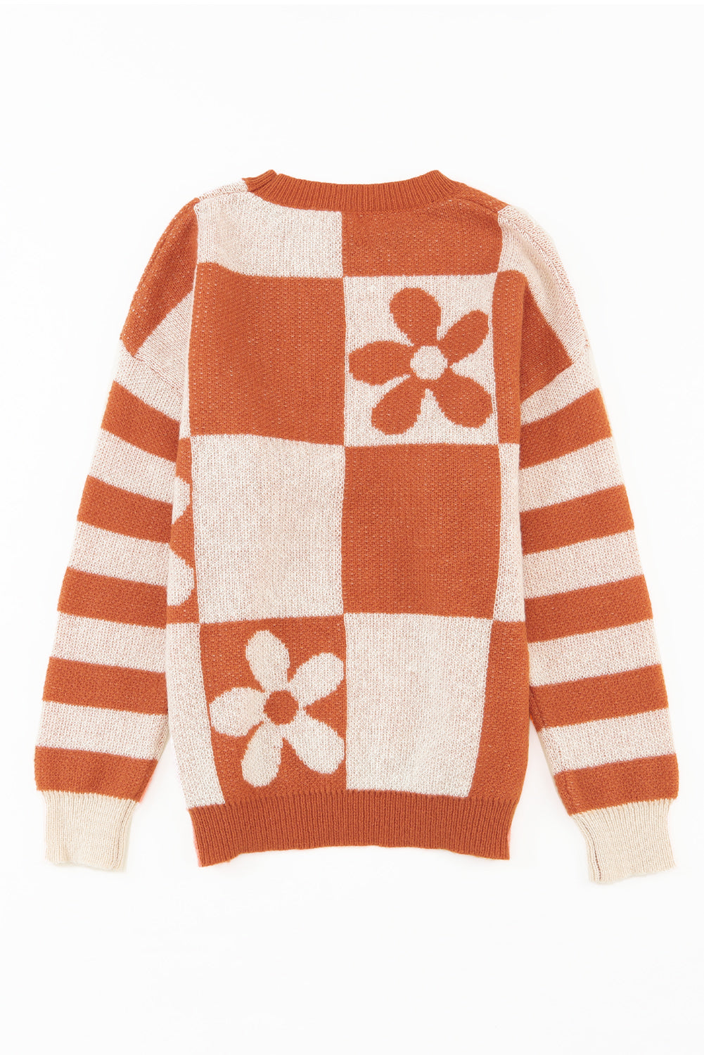Brown checkered floral print sweater with striped sleeves from ModestAndDevoted, featuring a cozy polyester knit design.