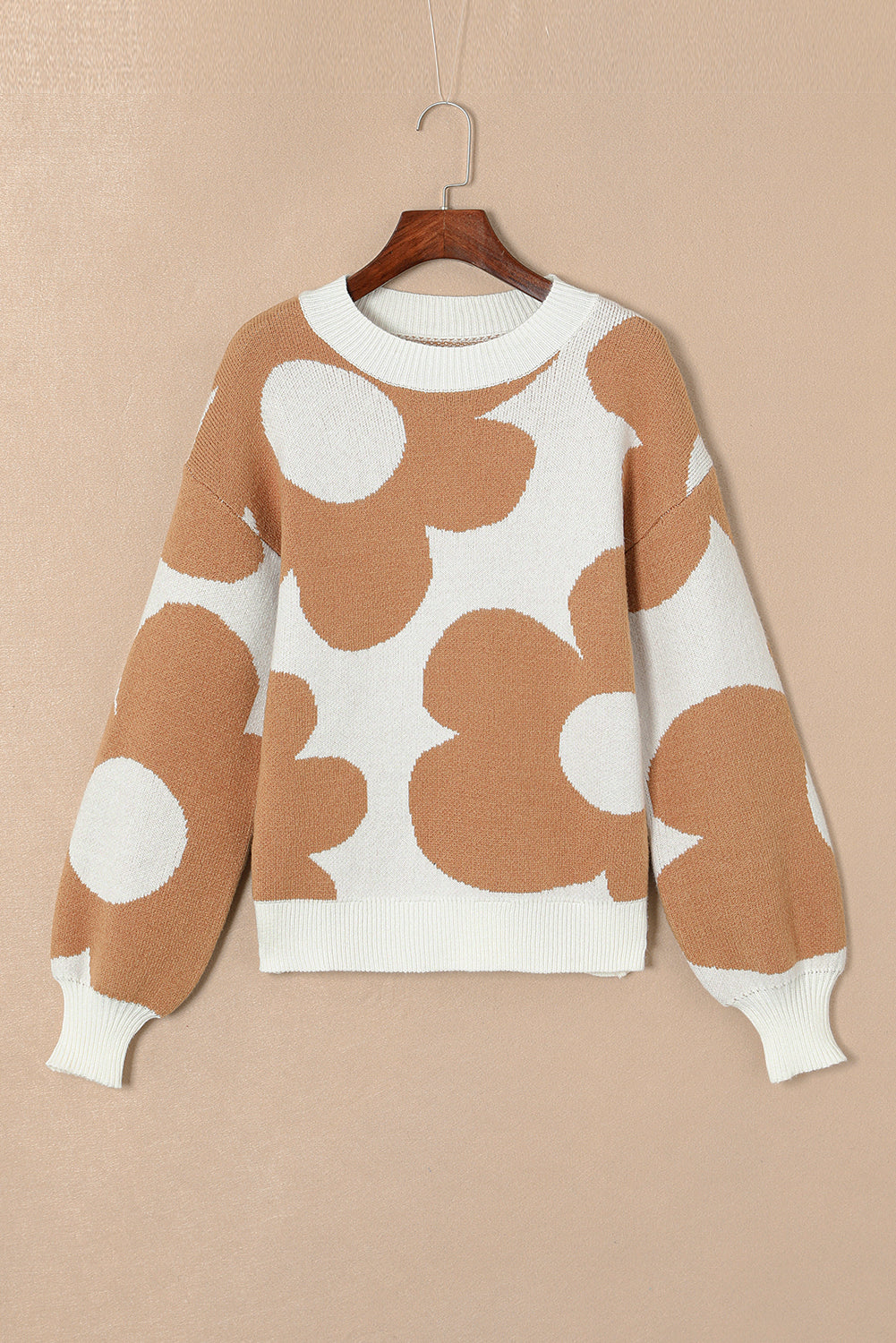 Khaki drop shoulder sweater with large flower pattern from ModestAndDevoted, made of viscose, polyester, and polyamide fabric.
