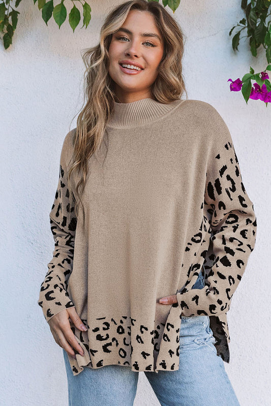 Khaki leopard print oversized sweater by ModestAndDevoted with high neckline and side slit, made of acrylic and cotton blend.