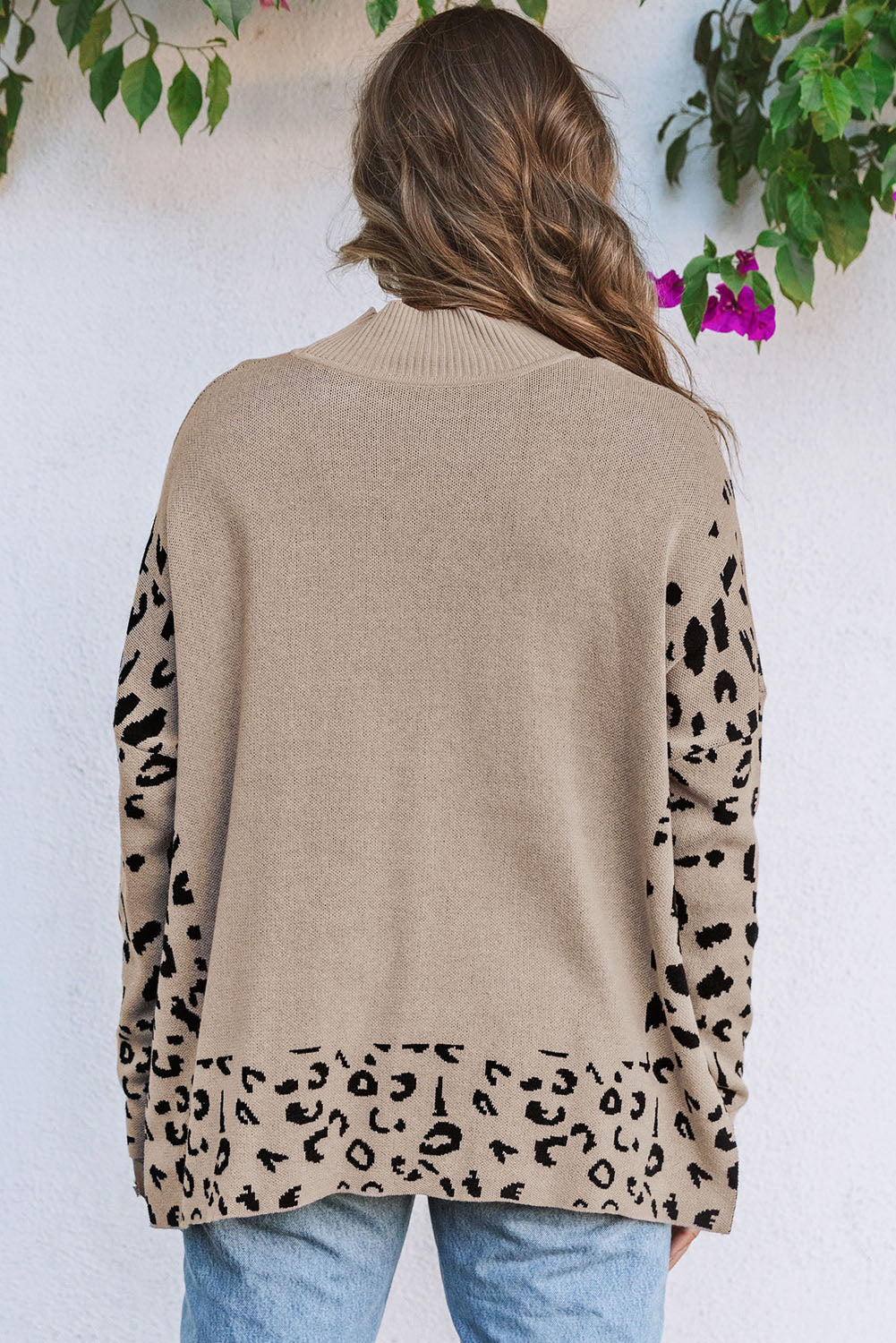 Khaki leopard print oversized sweater with high neck and side slit, made of acrylic and cotton, from ModestAndDevoted.