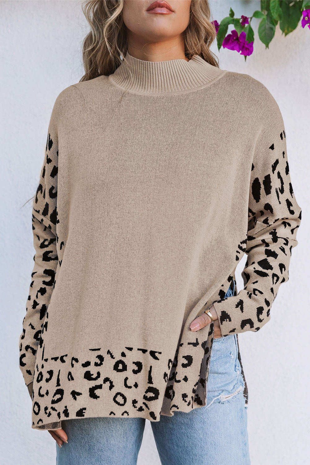 Khaki leopard print oversized sweater with high neck and side slit from ModestAndDevoted, made of acrylic and cotton blend.