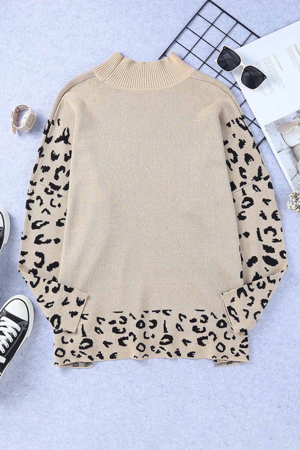 Khaki leopard print oversized sweater with high neck and side slit, made of acrylic and cotton, from ModestAndDevoted.