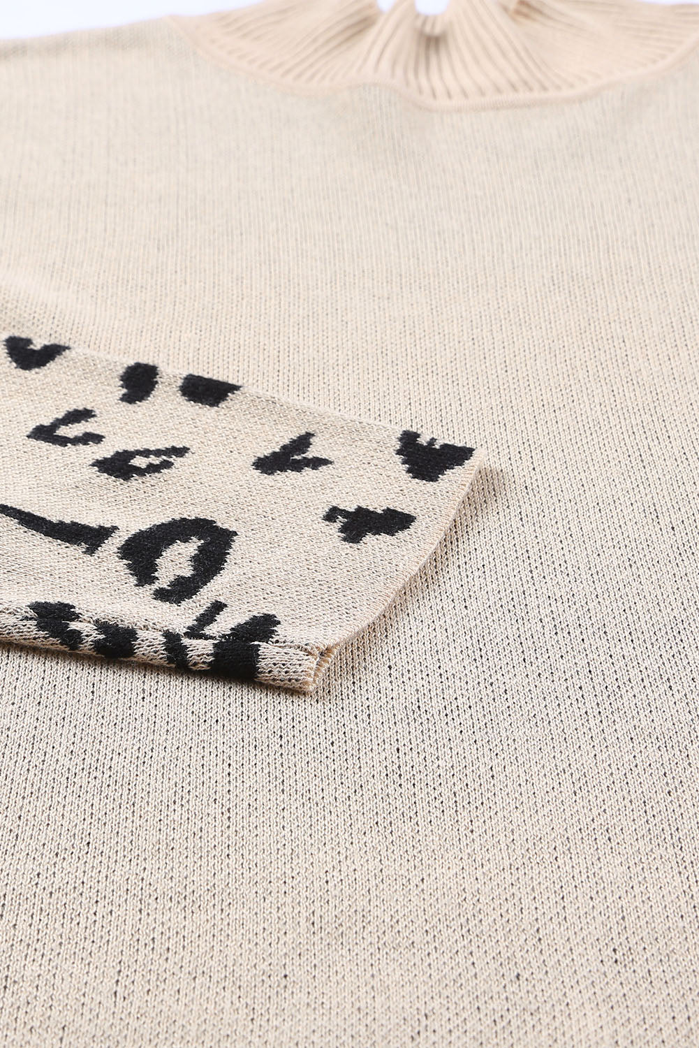 ModestAndDevoted khaki leopard oversized sweater with high neck, side slit, made of acrylic and cotton, relaxed fit.