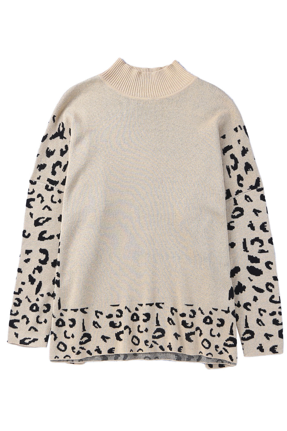 Khaki leopard print oversized sweater by ModestAndDevoted with high neck and side slit, made of acrylic and cotton blend.