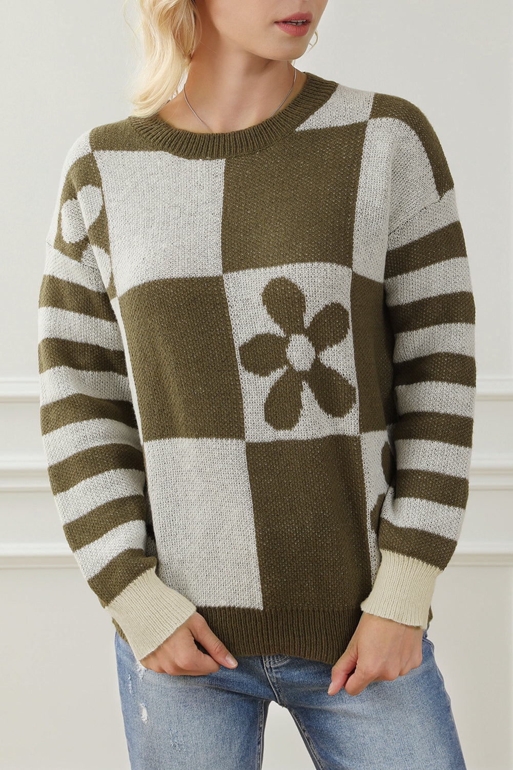 Green checkered floral print sweater with striped sleeves from ModestAndDevoted, made of polyester, casual and stylish.