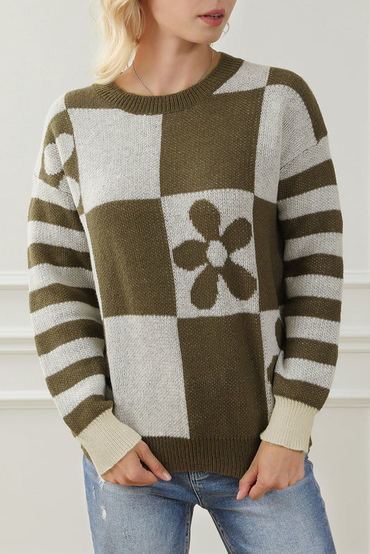 Green checkered floral print sweater with striped sleeves from ModestAndDevoted, made of polyester, casual and stylish.