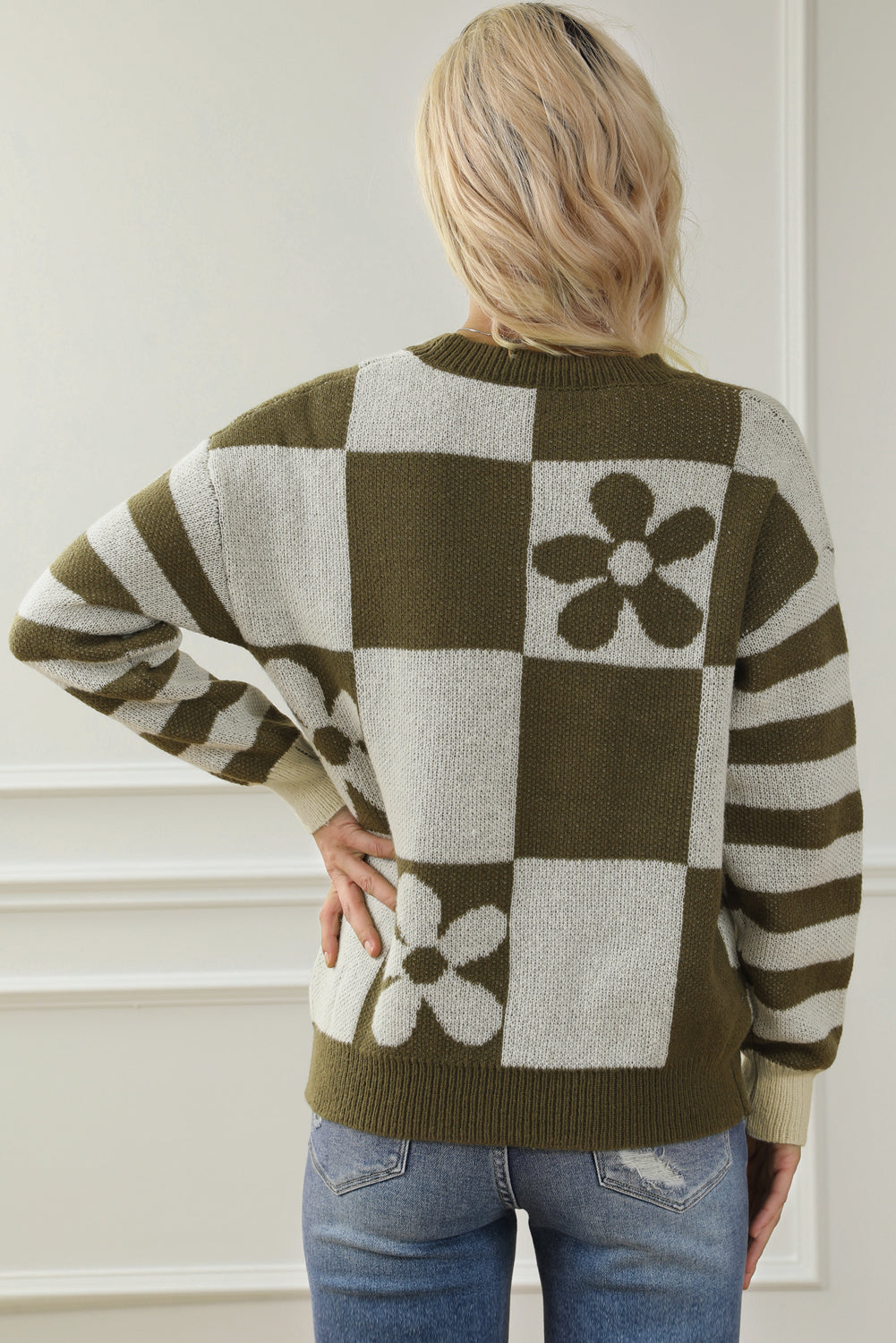 Green checkered floral print striped sleeve sweater by ModestAndDevoted, featuring a cozy polyester knit with vibrant floral details.