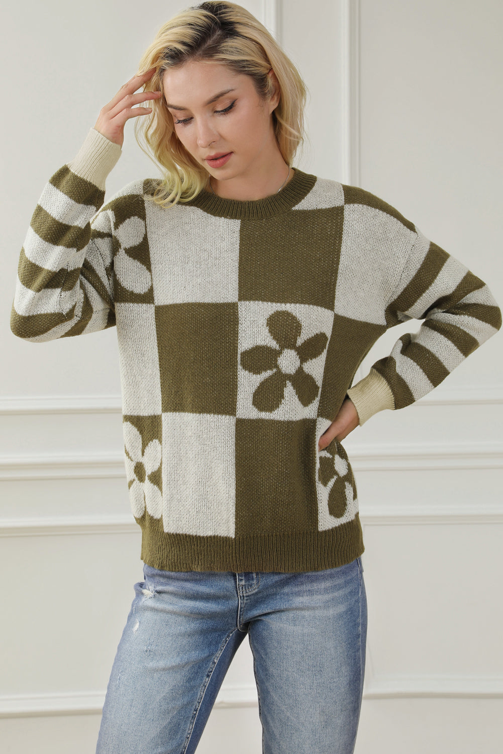 Green checkered floral print sweater with striped sleeves from ModestAndDevoted, made of polyester, featuring a cozy, stylish design.