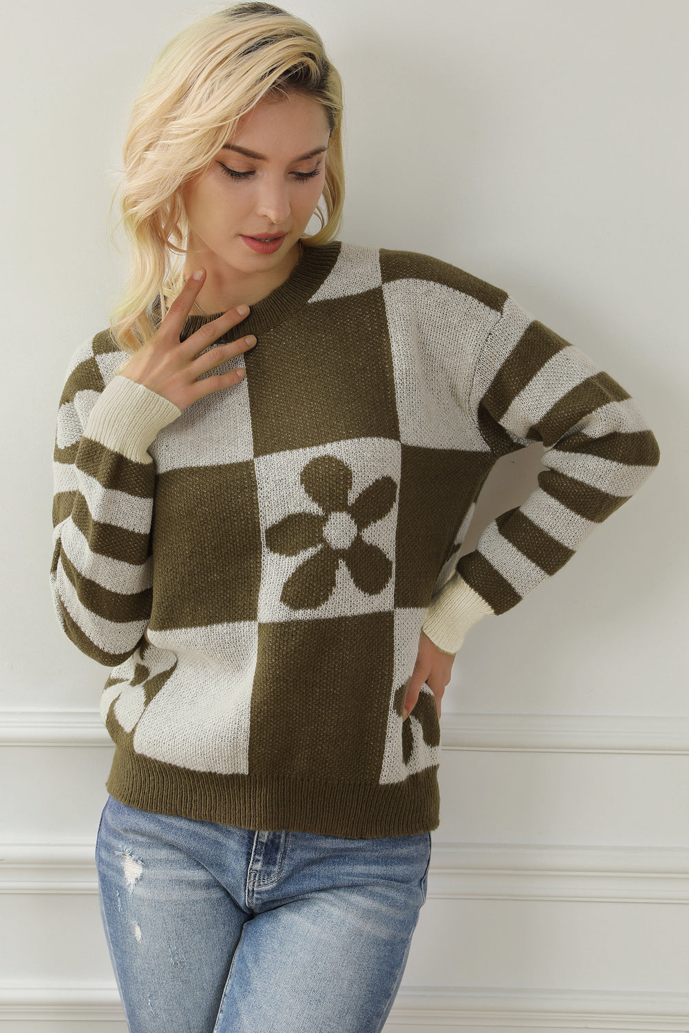 Green checkered floral print sweater with striped sleeves by ModestAndDevoted, casual knit sweater for women.