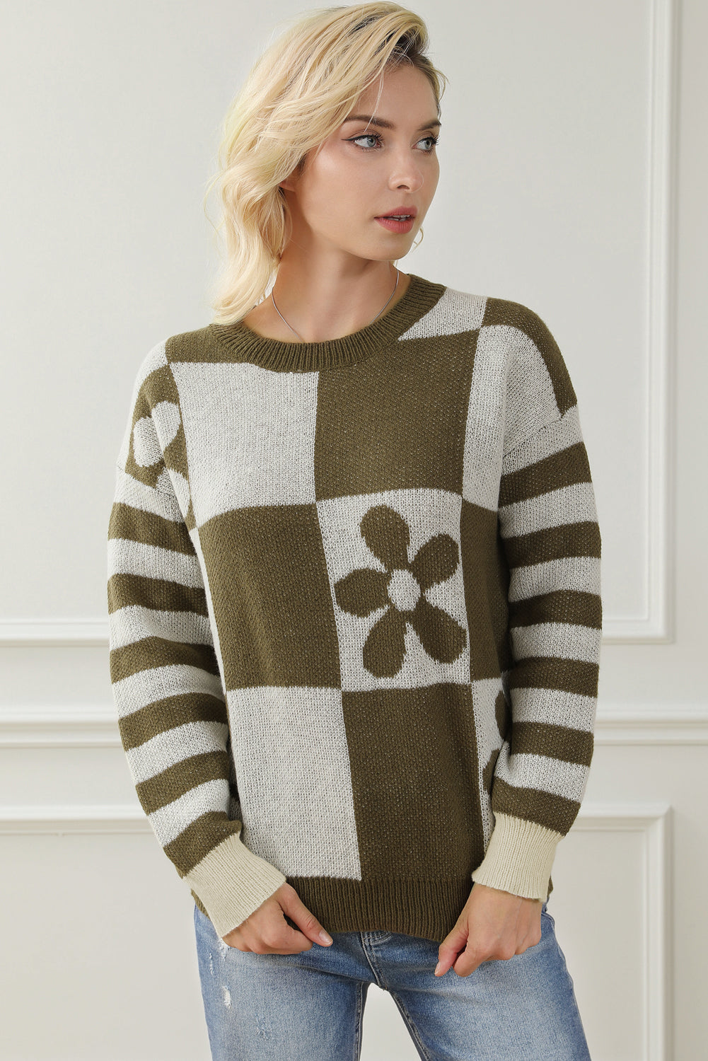 Green checkered floral print sweater with striped sleeves from ModestAndDevoted, made of polyester, casual and stylish for everyday wear.