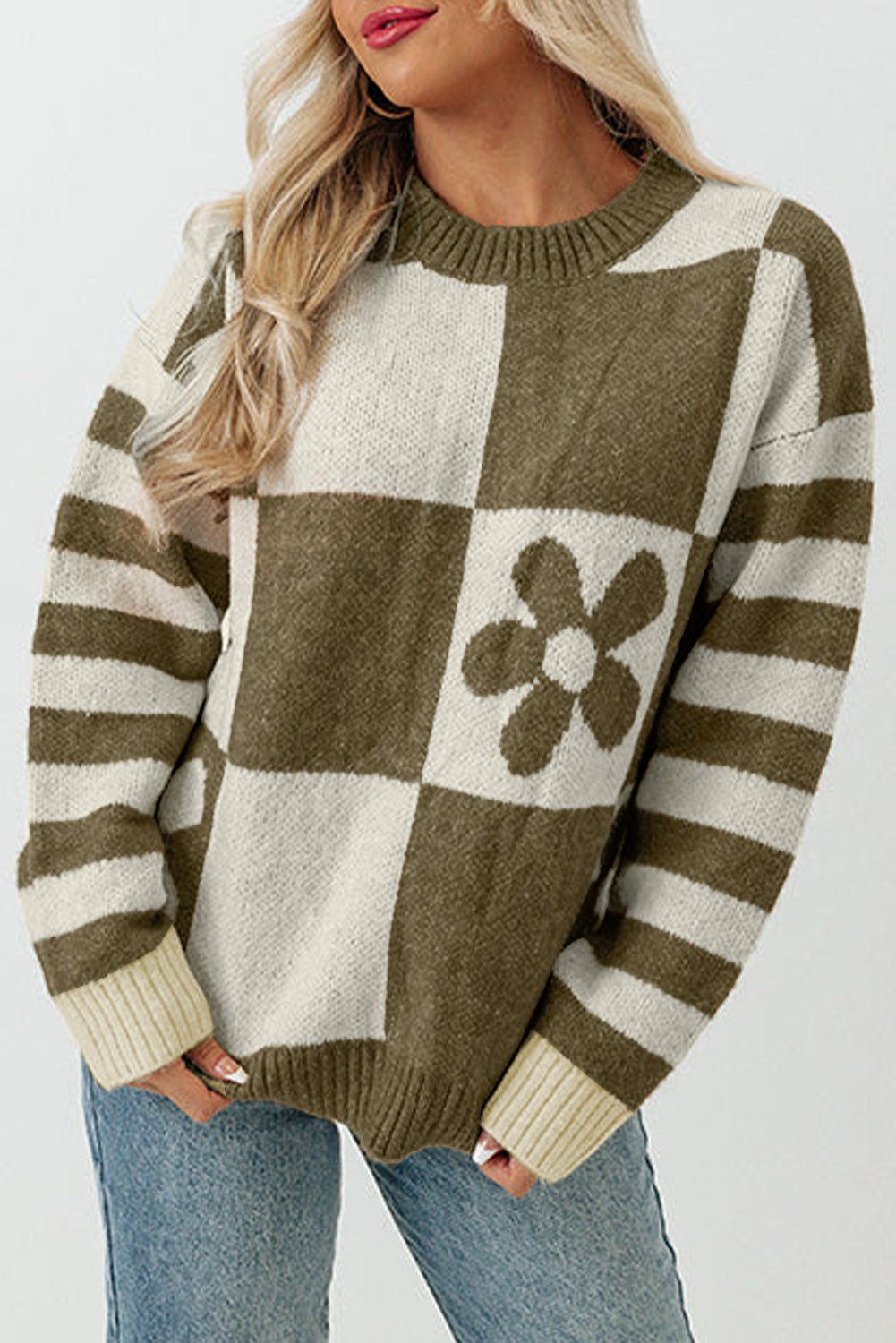 Green checkered floral print striped sleeve sweater from ModestAndDevoted, made of polyester with casual, stylish design.