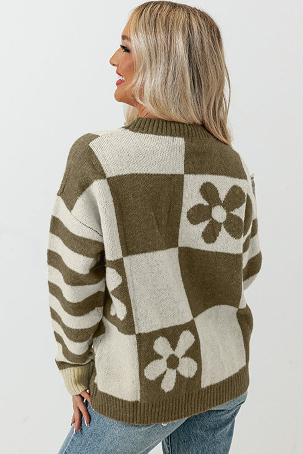 Green checkered floral print sweater with striped sleeves by ModestAndDevoted, featuring a cozy polyester fabric.