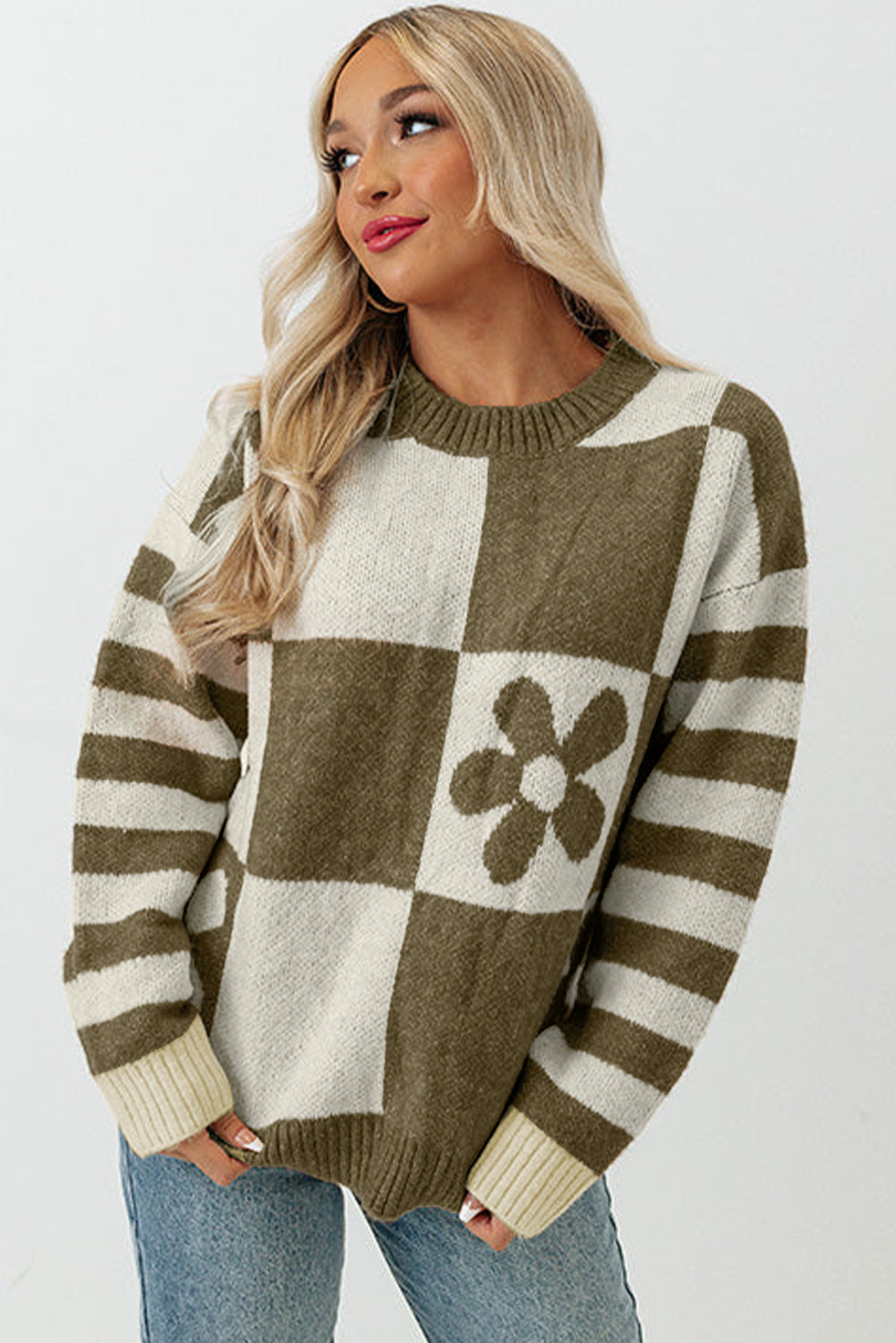 Green checkered floral print sweater with striped sleeves from ModestAndDevoted, made of polyester, featuring a cozy, stylish design.