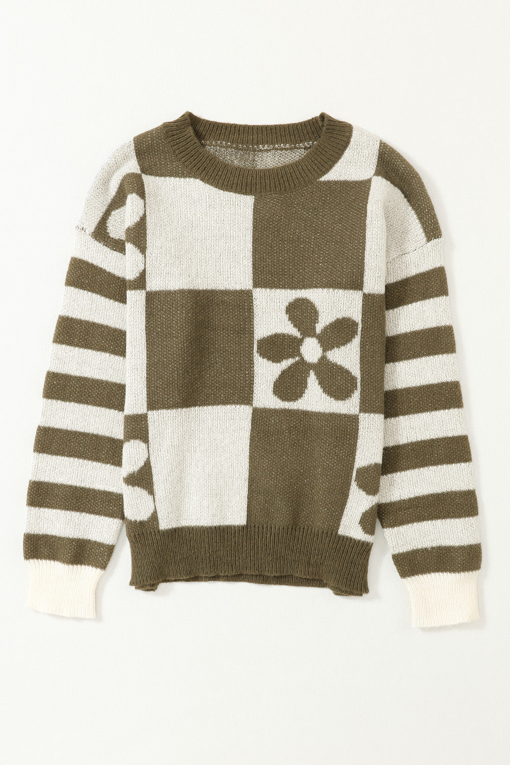 Green checkered floral print striped sleeve sweater by ModestAndDevoted, made of polyester, featuring a cozy, stylish design.