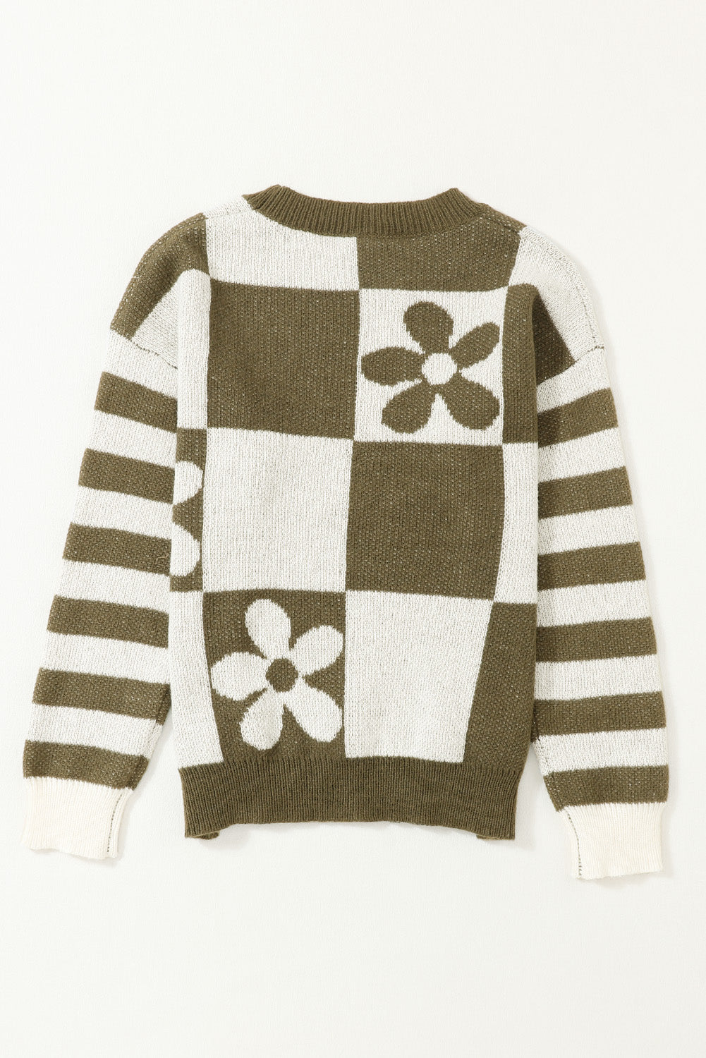 Green checkered floral print sweater with striped sleeves from ModestAndDevoted, featuring a casual, comfortable design.