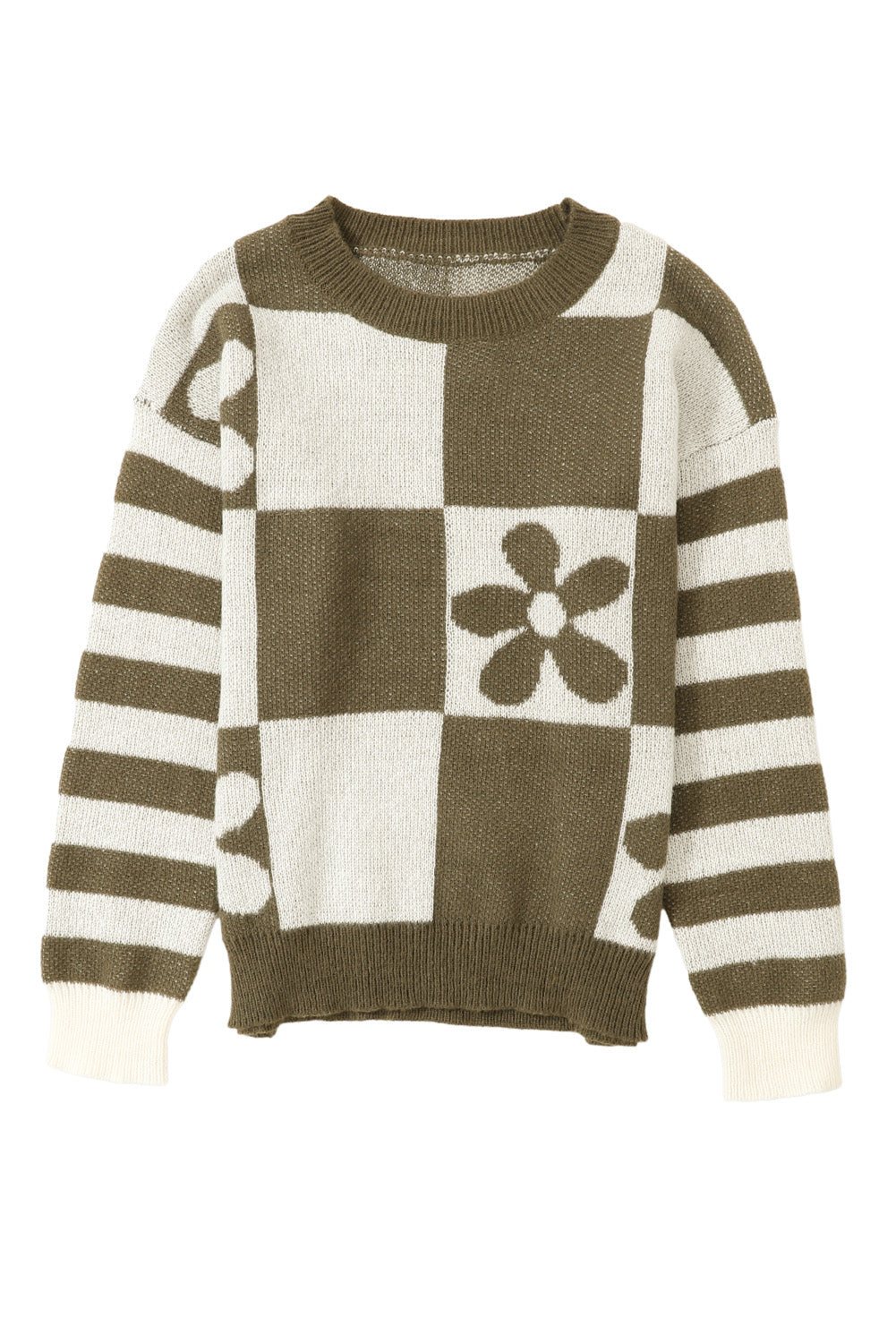 Green checkered floral print striped sleeve sweater by ModestAndDevoted, featuring a cozy polyester knit and casual style.