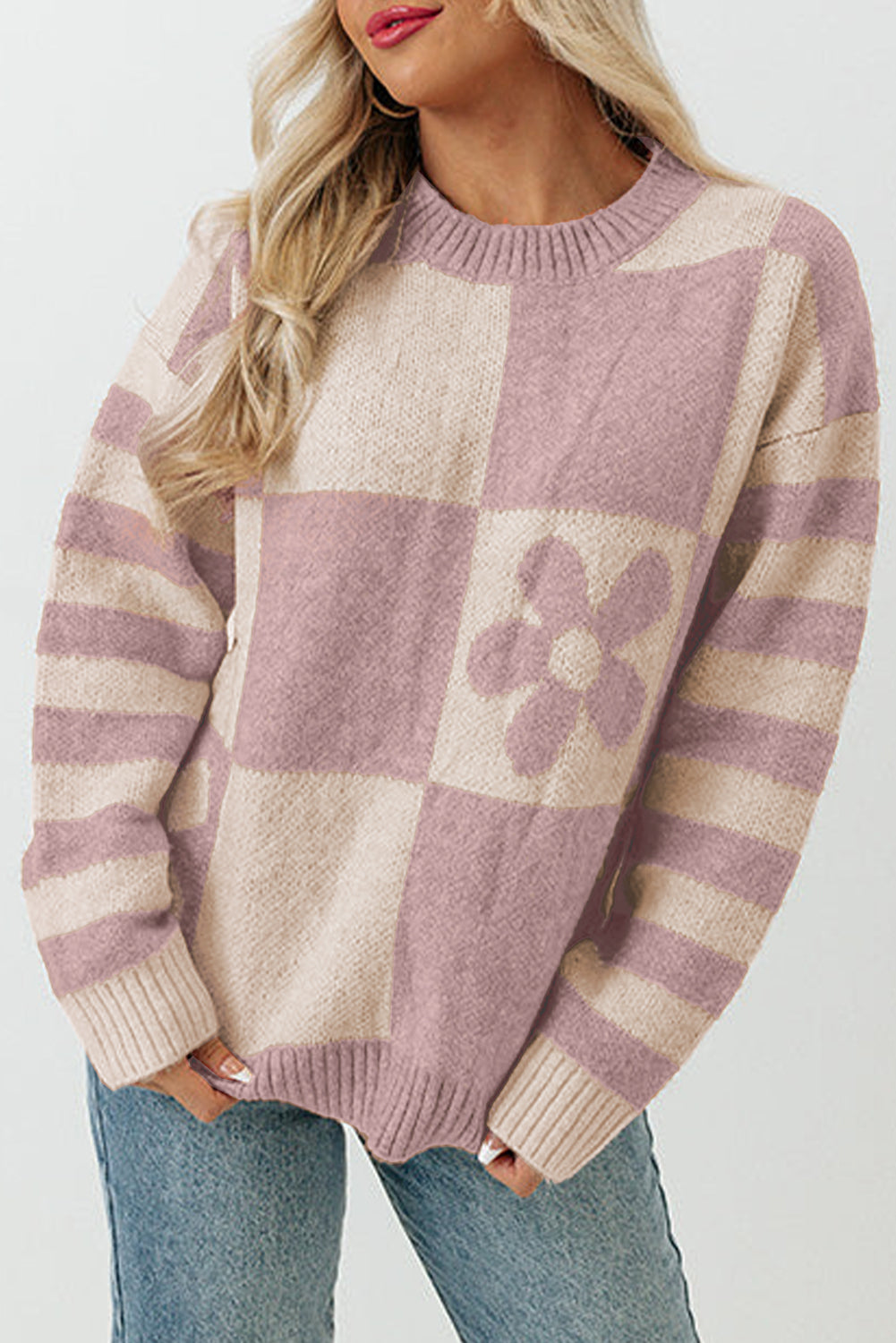 ModestAndDevoted orchid petal checkered floral print striped sleeve sweater, made of 100% polyester, stylish and comfortable.