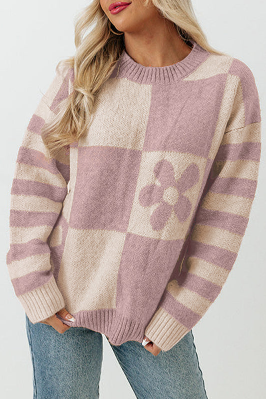 ModestAndDevoted orchid petal checkered floral print striped sleeve sweater, made of 100% polyester, stylish and comfortable.