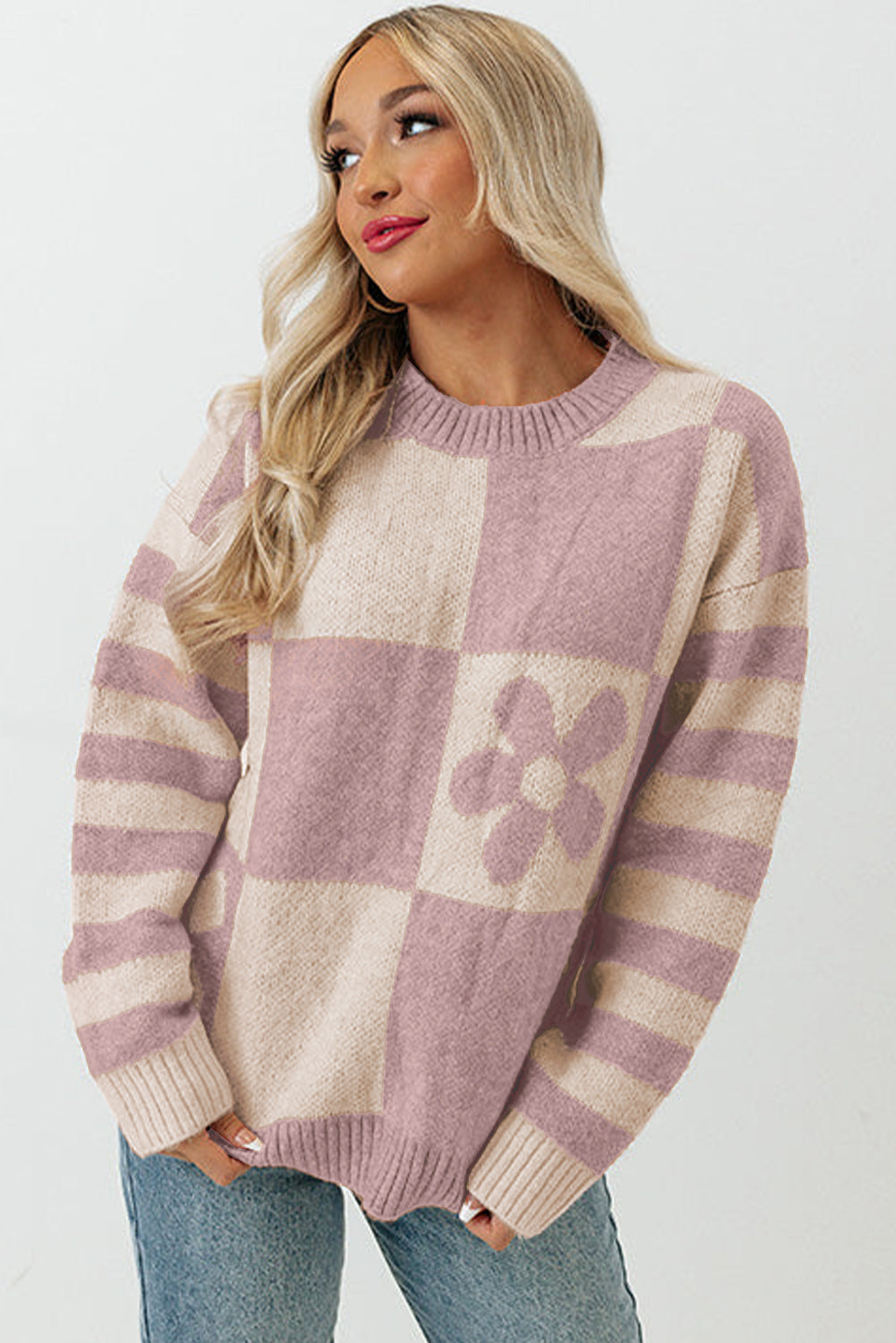 ModestAndDevoted Orchid Petal checkered floral print striped sleeve sweater, polyester, cozy and stylish for women.