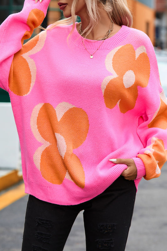 Red flower pattern slouchy sweater by ModestAndDevoted, featuring a cozy acrylic knit and relaxed fit.