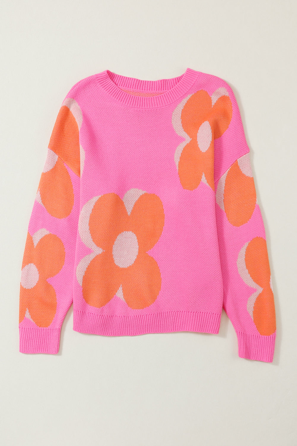Red flower pattern slouchy sweater from ModestAndDevoted, cozy acrylic knit sweater with a relaxed fit.