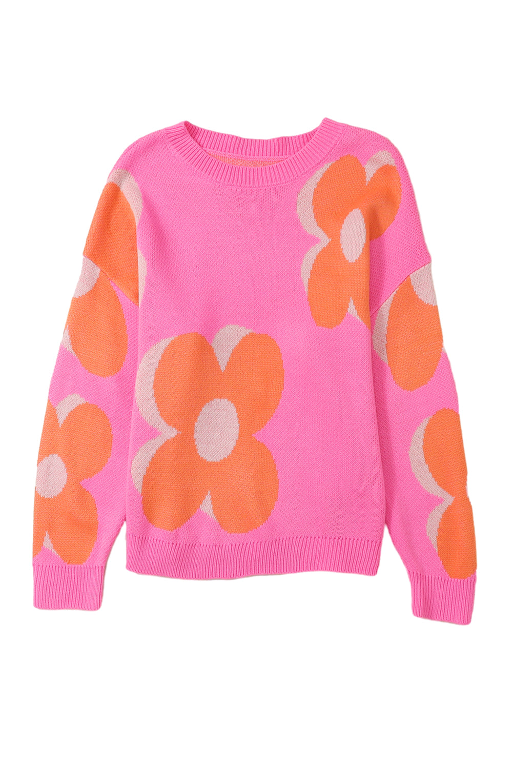 Red flower pattern slouchy sweater from ModestAndDevoted, made of soft acrylic, featuring a cozy, relaxed fit and vibrant floral design.